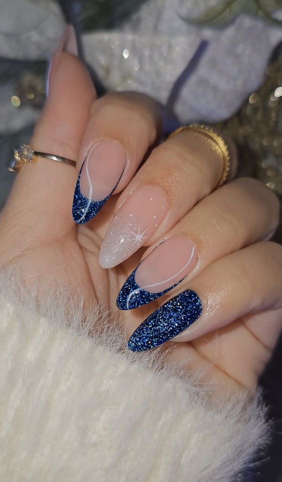 Navy Blue French tips - Winter almond nails