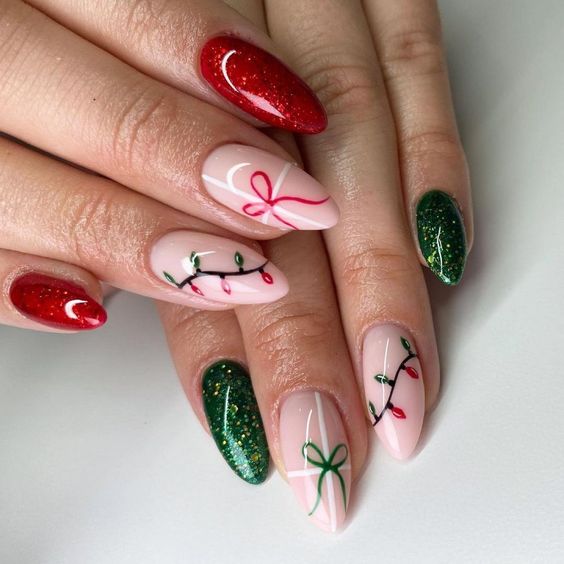 Winter holiday almond nail designs