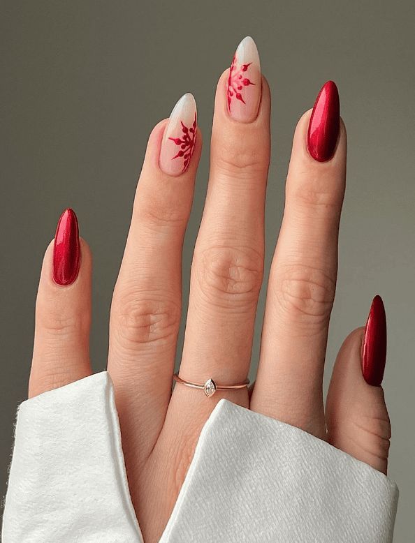 trendy elegant winter red snowflake nails