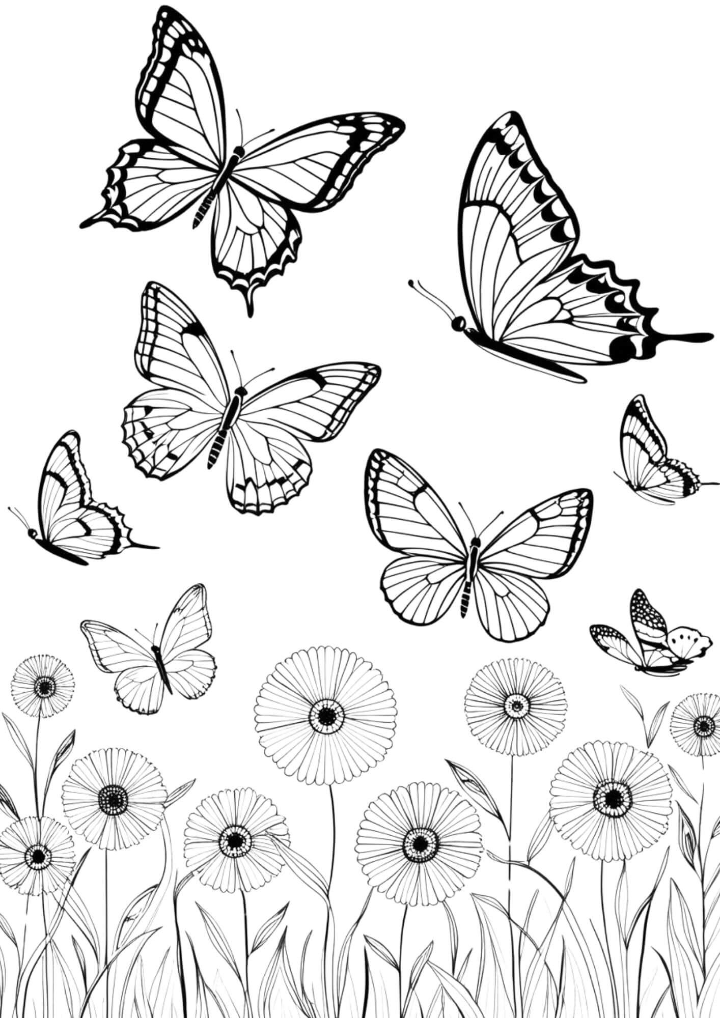 Butterflies in a flower garden coloring page