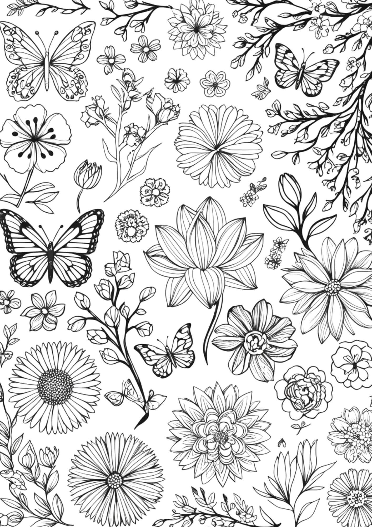 Flowers and butterfly coloring page