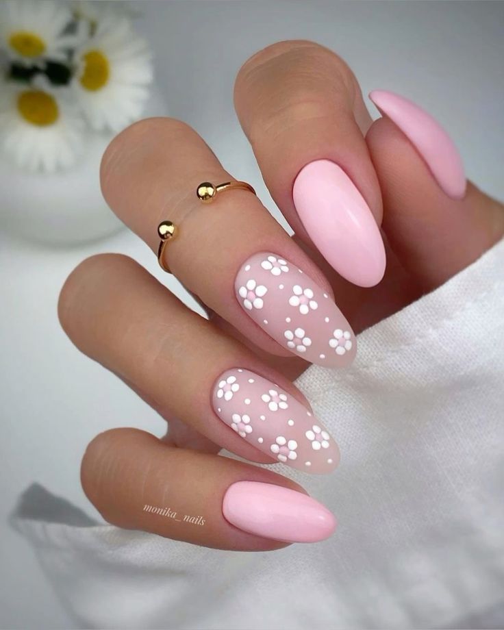 pastel pink nails with flowers