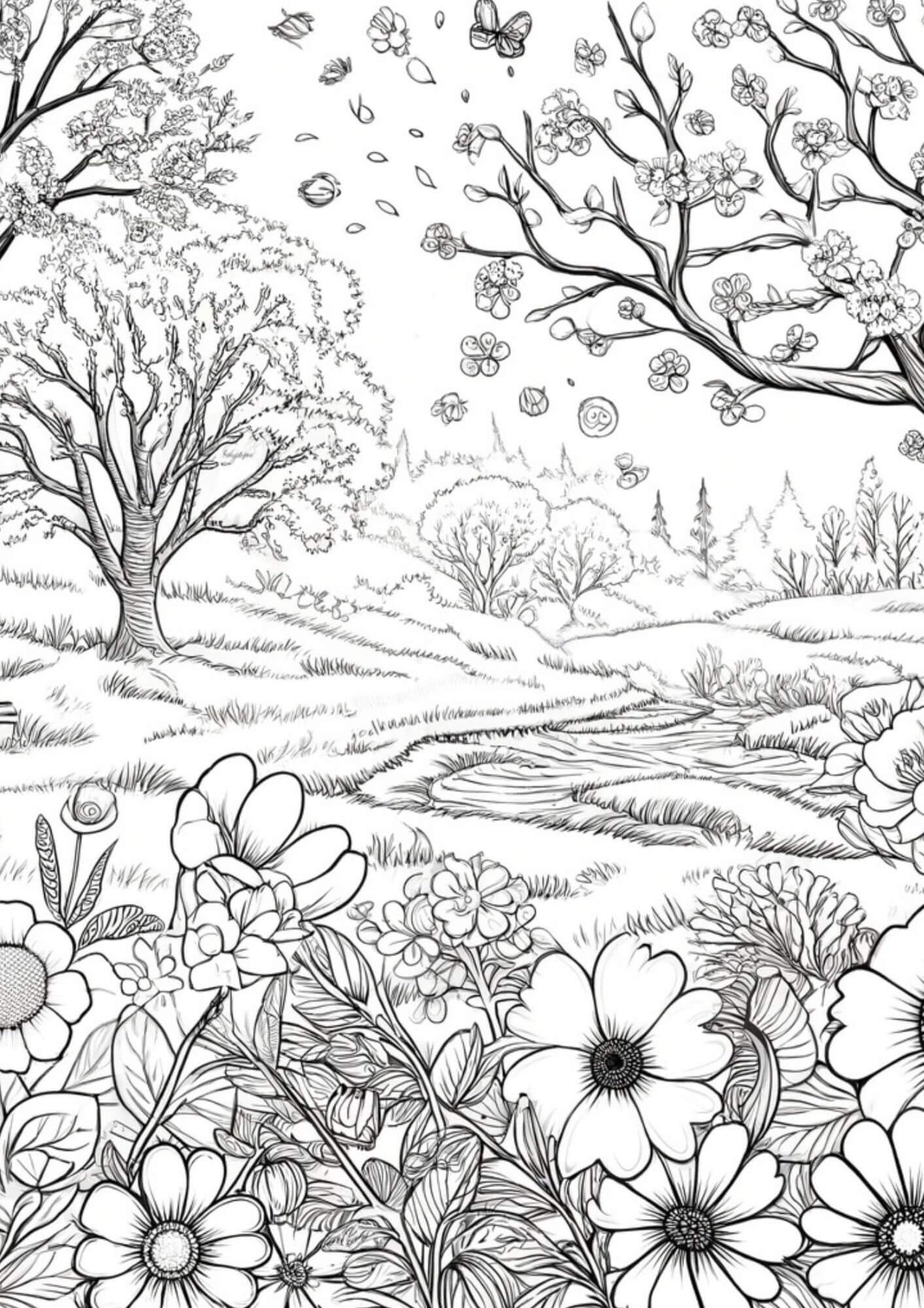 Spring landscape coloring page