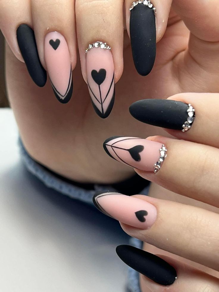 black valentines day nails with crystals