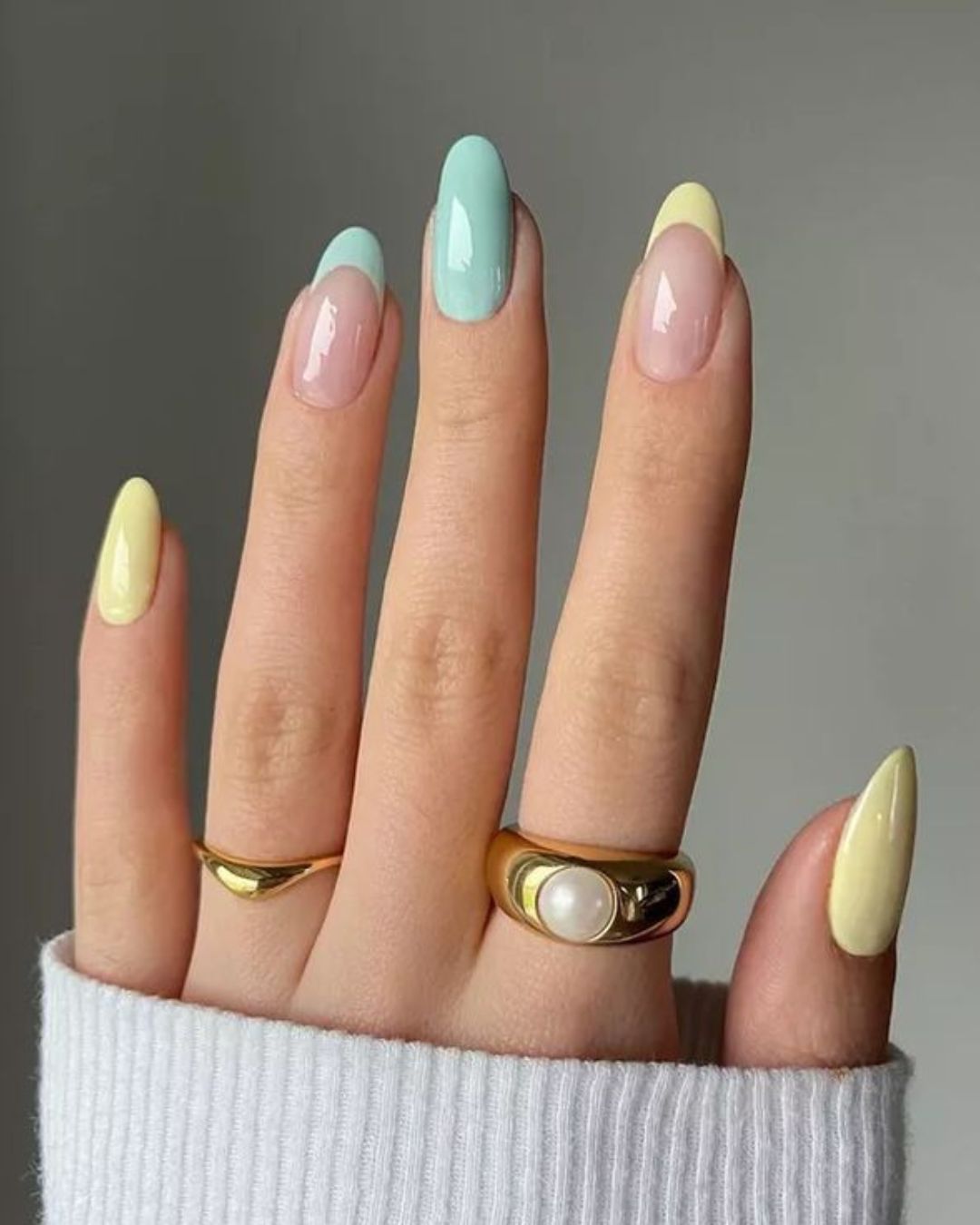 Pastel Mint Green and yellow french tips nails