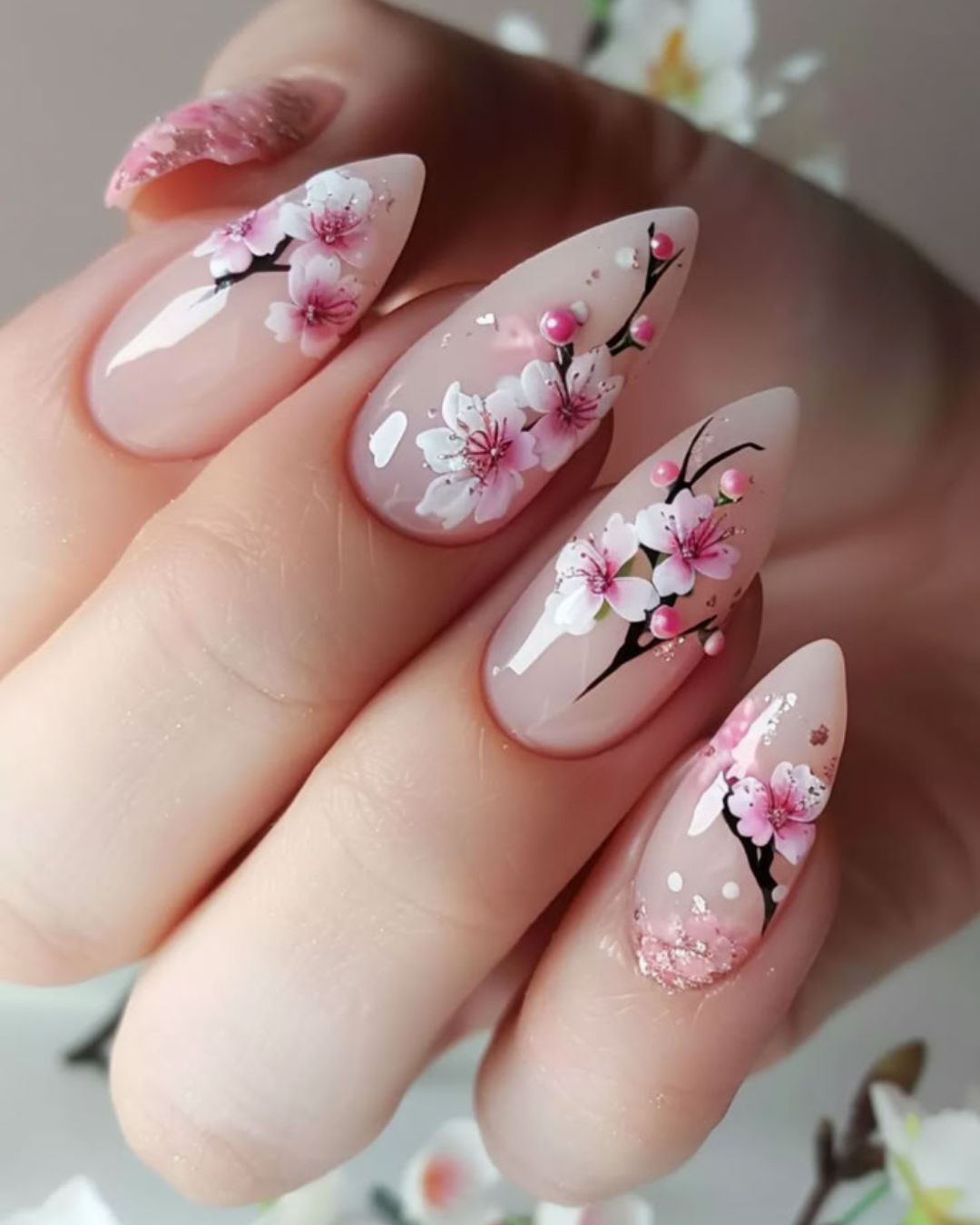 Spring Cherry Blossom Almond Nails - Sakura - Flower elements on nails