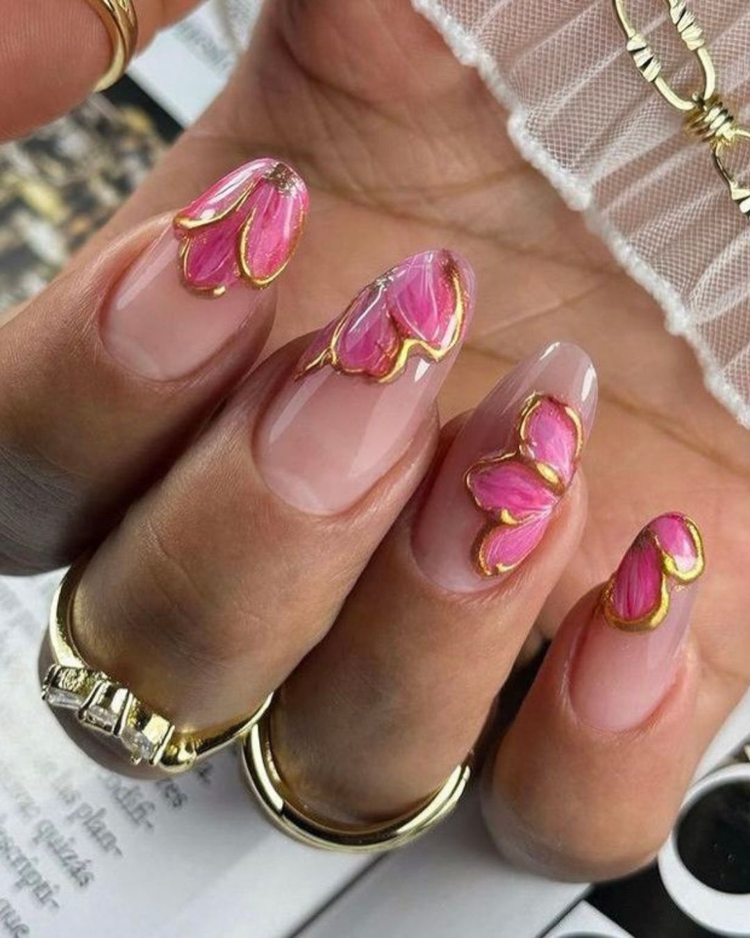 pink and gold flower almond nail designs